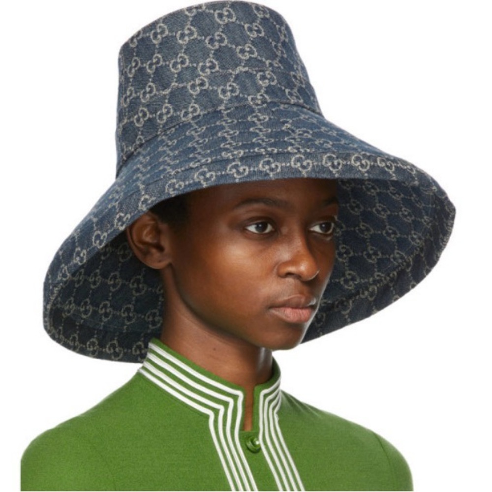 Denim Monogram Bucket Hat w Wide Large Brim Trim Jacquard Sun Coverage Navy Blue - Picture 3 of 16